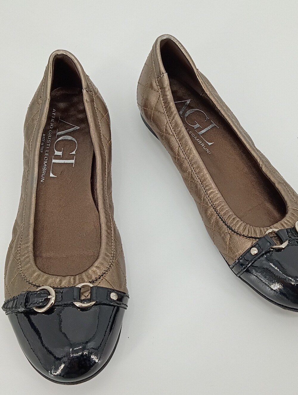 AGL Monika Quilted Metallic Bronze Black Patent Cap Toe Ballet Flats 40